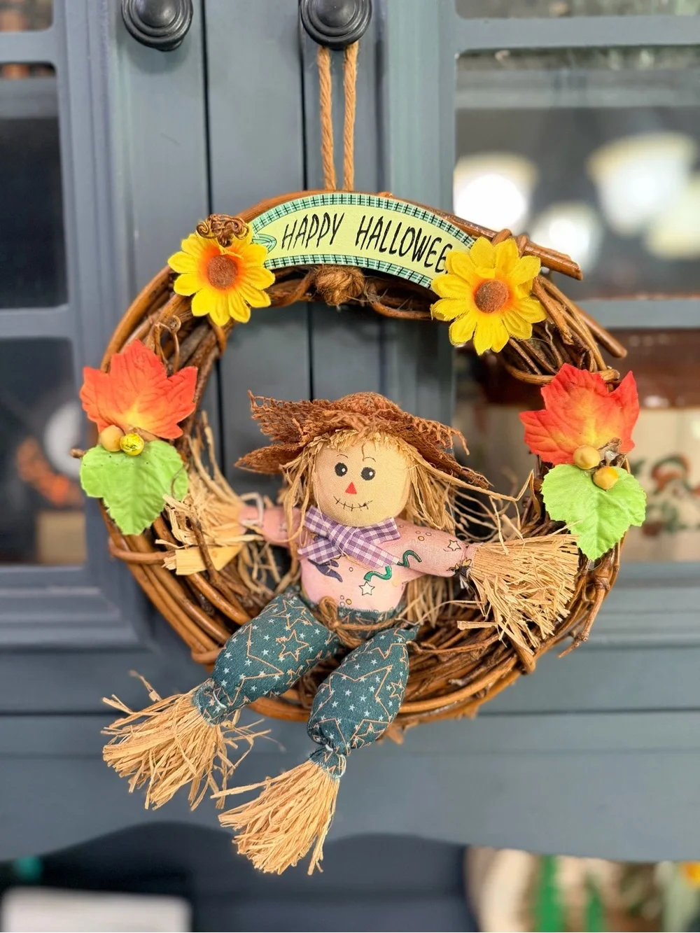 Vintage Happy Halloween Scarecrow Mini Wreath - Orange, Yellow, Green